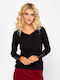 Women's Blouse Cotton Long Sleeve with V Neckline Black