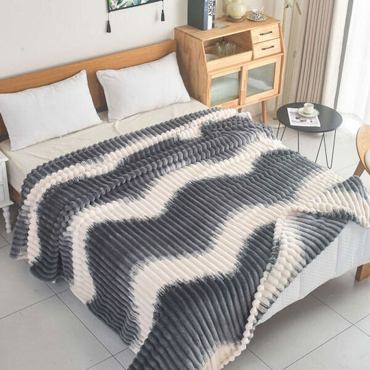 SpitiBazaar Pătură Catifea Extra-dublă 220x240cm Σκούρο Γκρι - Λευκό