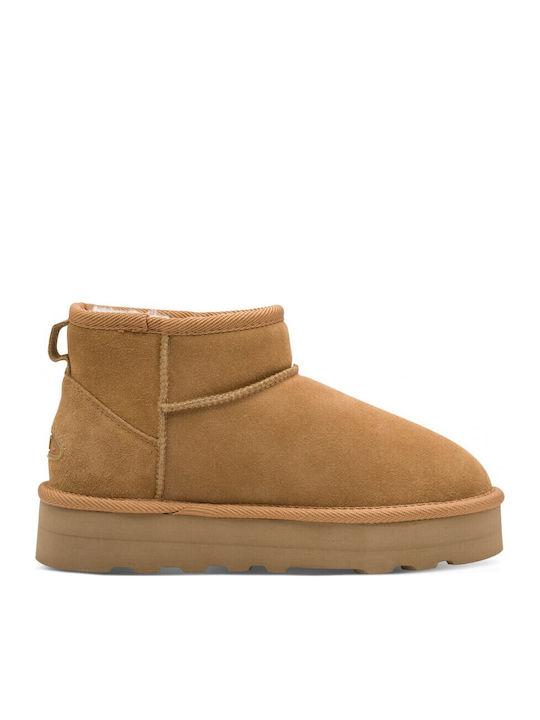 Leather Women's Ankle Boots with Fur Tabac Brown