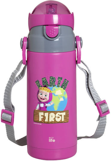 Ecolife Kids Water Bottle Thermos Stainless Steel with Straw Fuchsia 400ml