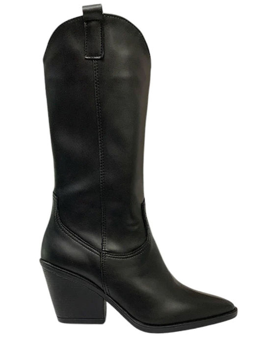 Leather Medium Heel Women's Boots Black
