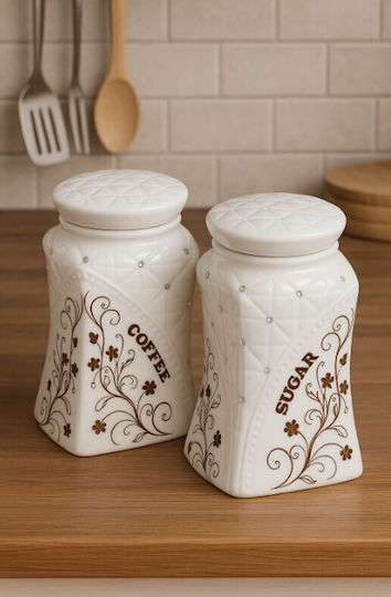 Galifas Set 2 Stück Lebensmittelgläser für Zucker Kaffee mit Deckel aus Porzellan Weiß 9x17cm