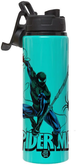 Koupakoupa Fly Sticlă Pentru Copii Spiderman Din Aluminiu Cu Capac Cu Filet Antivărsare Turcoaz 850ml