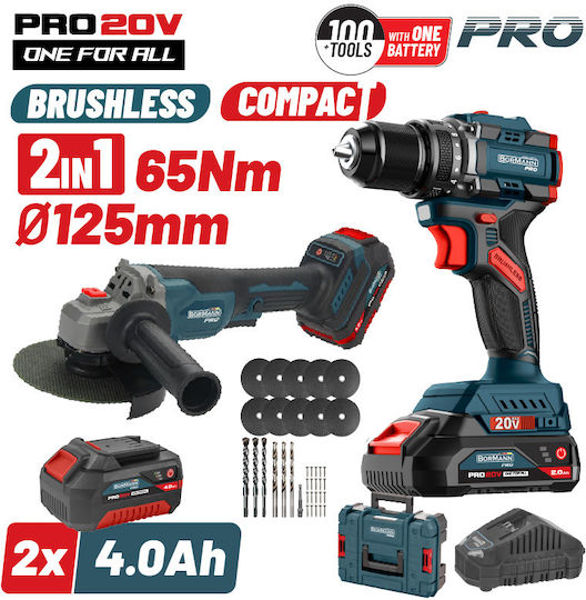 Bormann Pro Set Angle Wheel & Impact Drill Driver Brushless 20V with 2 Batteries 4Ah
