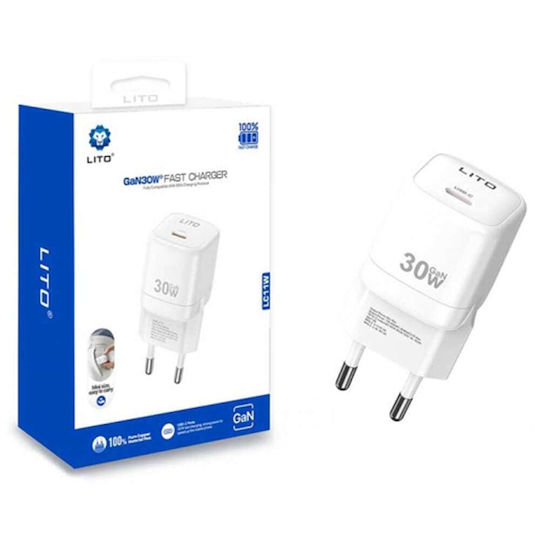 Lito Ladegerät ohne Kabel GaN mit USB-C Anschluss 30W Stromlieferung Weißs (LC11)
