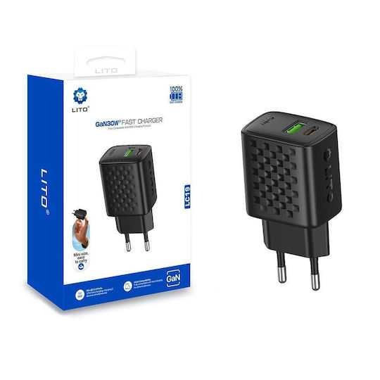 Lito Charger Without Cable GaN with USB-A Port and USB-C Port 30W Quick Charge 3.0 Blacks (LC19)