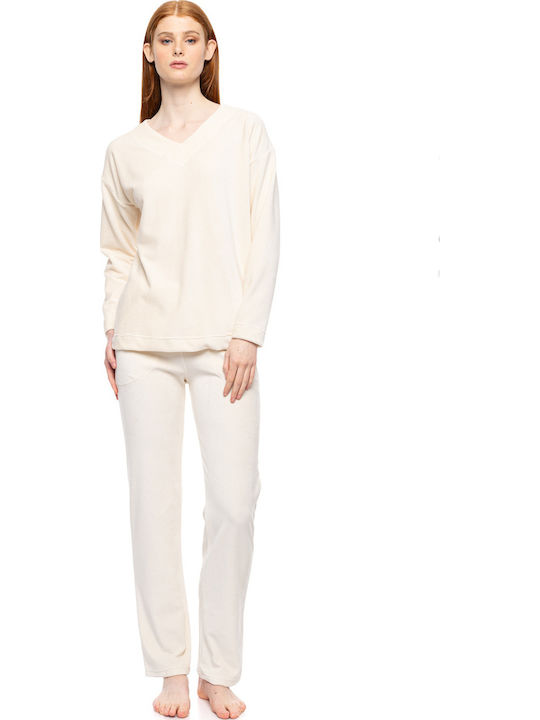 Pink Label Set De Pijamale Dama De Iarnă Din Bumbac Off White
