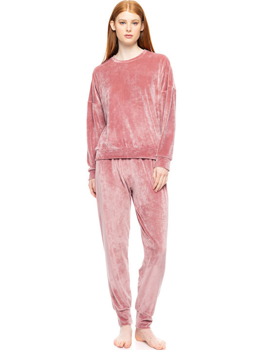 Pink Label Χειμερινό Γυναικείο Σετ Πιτζάμας Βελουτέ Dusty Pink Pink Label Χειμερινό Γυναικείο Σετ Πιτζάμας Βελουτέ Dusty Pink