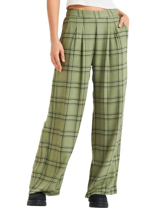 Great Influence Women's Fabric Trousers Oil Green Natural Plaid
