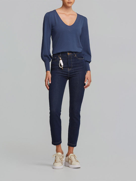 High Waist Women's Jean Trousers in Slim Fit Blue