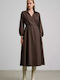 Midi Dress Long Sleeve Wrap Brown