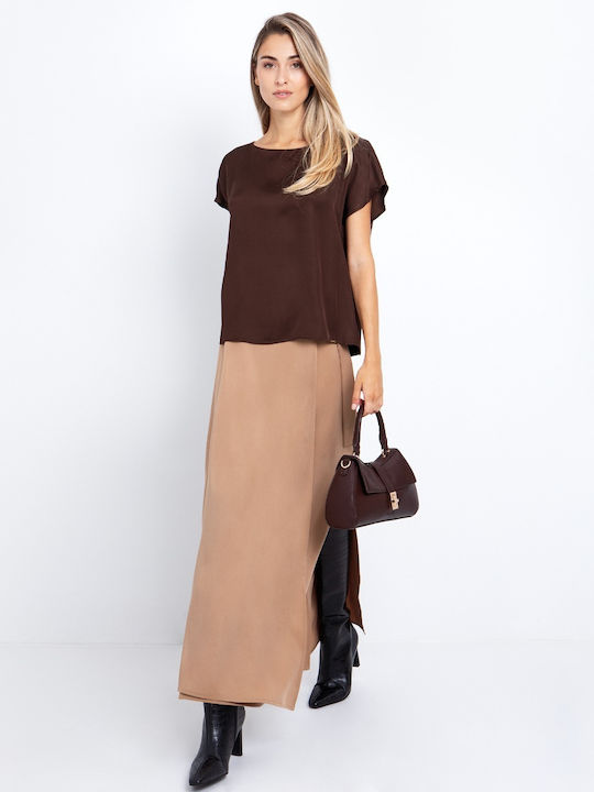 Women's Satin Short Sleeve Top Brown