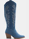 Suede Medium Heel Cowboy Boots with Zipper Blue