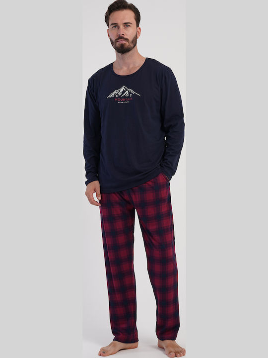 Vienetta Secret Plus Size Men's Winter Checked Pajamas Set Blue Marine