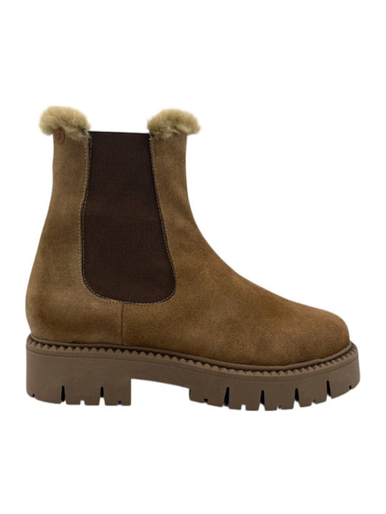 Leather Women's Ankle Boots with Fur Brown
