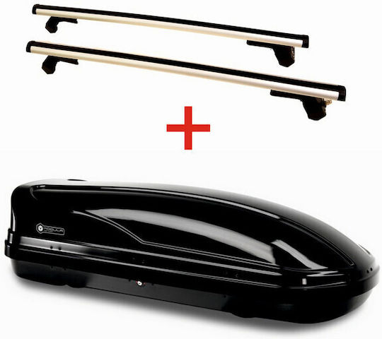 Autodachbox Modula Wego 450 Glänzendes Schwarz 450 Liter Aluminiumstangen Hermes Aerodynamisches Design Schlösser