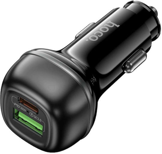 Hoco Z58a Auto-Ladegerät 18W Schnellladung mit Anschlüssen: 1xUSB 1xType-C Schwarz Farbe