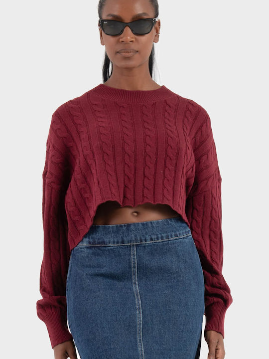 Birtie Γυναικείο Μακρυμάνικο Crop Πουλόβερ Βαμβακερό Bordeaux