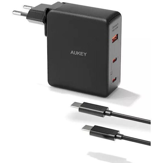 Aukey Incarcator Cu Port USB-A Și 2 Porturi USB-C Și Cablu USB-C USB-C 140W Negru (PA-B7O)