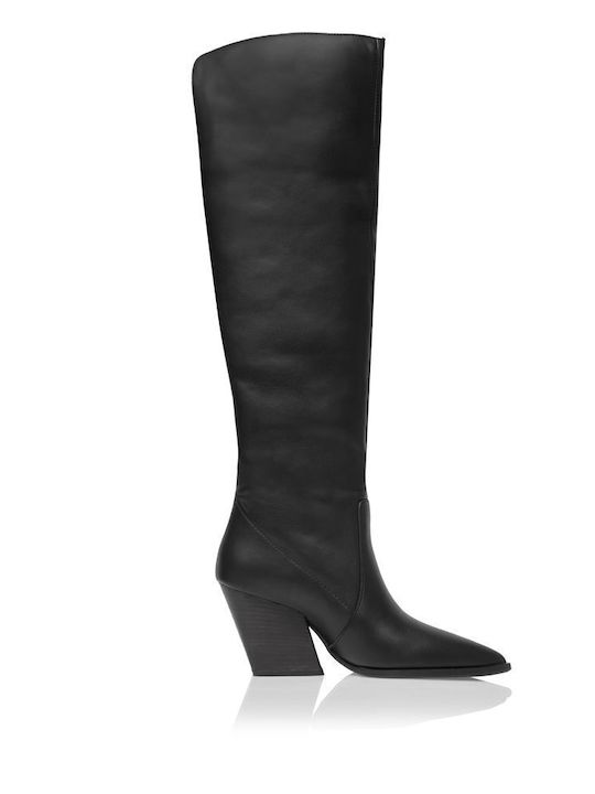 Leather Over the Knee High Heel Women's Boots Black
