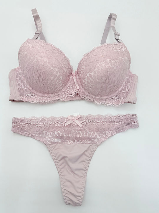 Lunna Dantelat Set de Lenjerie Sutien cu Șir de caractere Pink