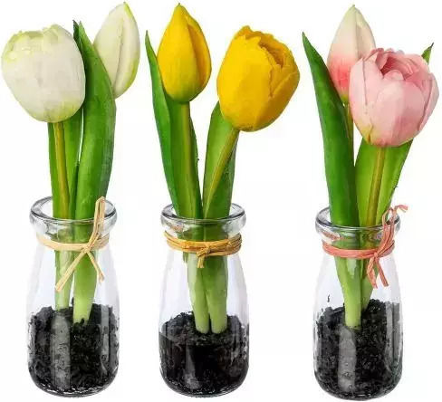 Artificial Tulips Jup Belles Decorations 8892441 9236-34/35 White Yellow Pink In A Glass Vase 22 Cm 3 Pieces