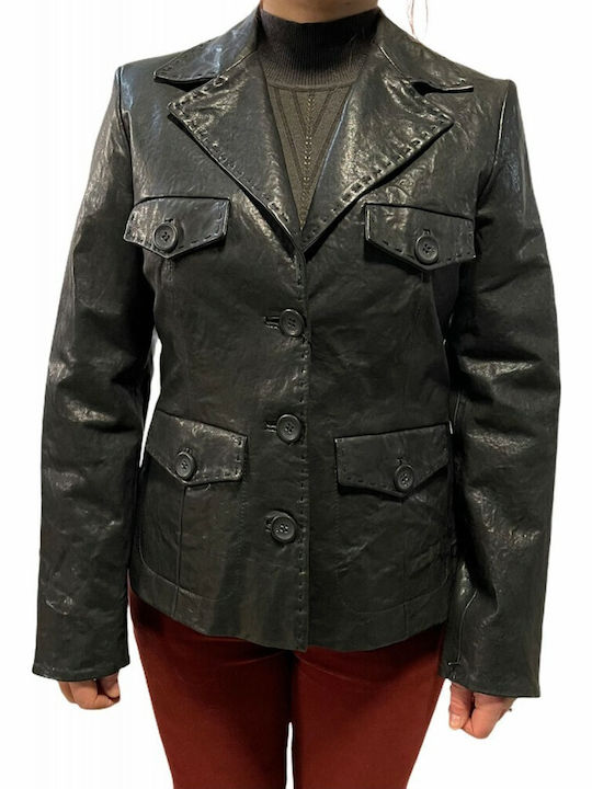 MARKOS LEATHER Damen Leder Mittellang Blazer ΜΑΥΡΟ