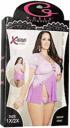 Women's Sexy Lingerie Set G World 250166 10-248 2 Pieces Short Sleeve Blouse + Thongs Xl/2xl Purple