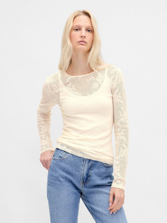 Women's Crop Top with Lace & Sheerness Beige