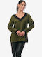 Women's Blouse Satin Long Sleeve with V Neckline Khaki