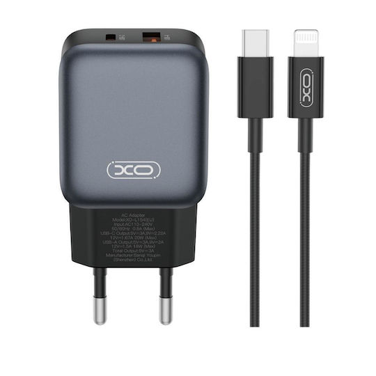 XO с USB-A порт и USB-C порт и кабел USB-C - Lightning 20W Quick Charge 2.0 / Quick Charge 3.0 Черен (L154)