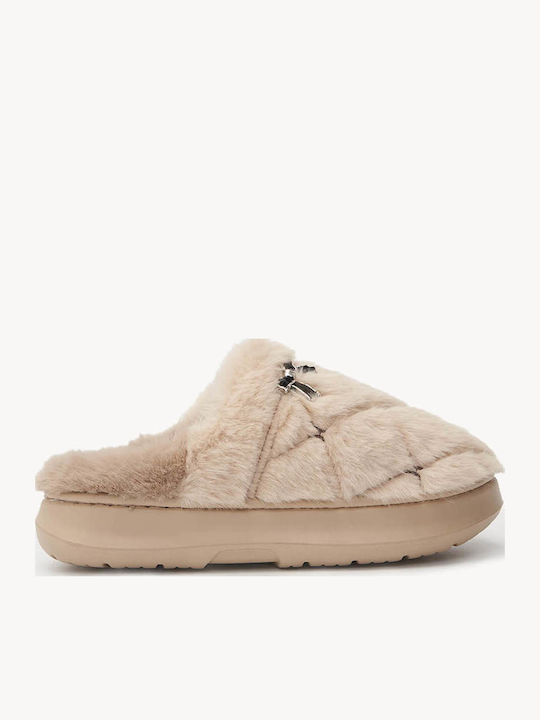 Beige Pelz Hausschuhe Für Zuhause Mit Steppmuster