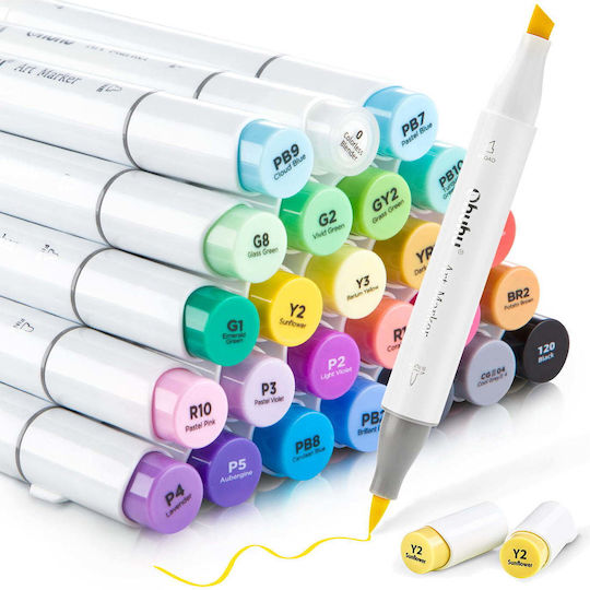 Ohuhu Honolulu Brush & Chisel 24 Drawing Markers Basic Colours