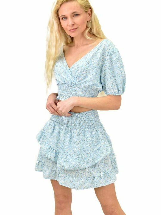 Σετ με Mini Φούστα Floral Γαλάζιο