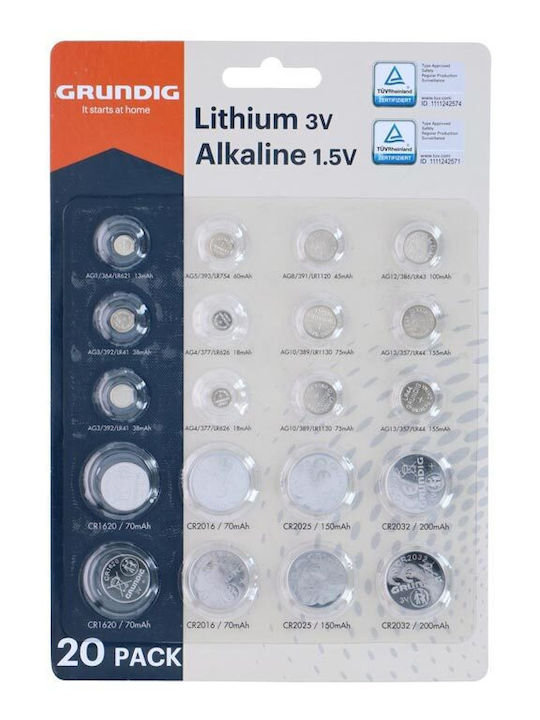 Grundig Set of 20 Batteries Alkaline Batteries 1.5v Lithium Batteries 3v 27510 Grundig