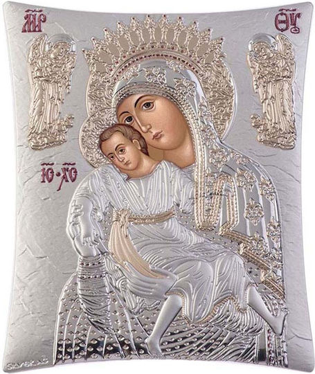 Silver Icon of the Virgin Mary Axion Esti 7.5 Cm x 10 Cm Eik0023