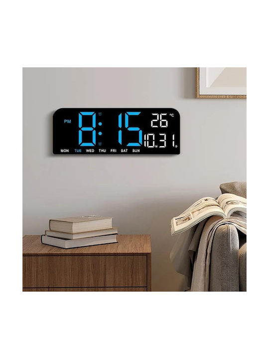 Ceas De Masă Și Perete Digital Lumină Led Albastră Calendar Cronometru Alarmă Termometru Funcție Amânare 2 Moduri De Iluminare Dimensiune 24x9cm Negru Albastru