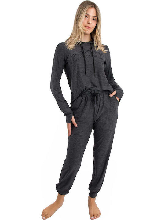DKNY Χειμερινό Γυναικείο Σετ Πιτζάμας Μαύρο-γκρι