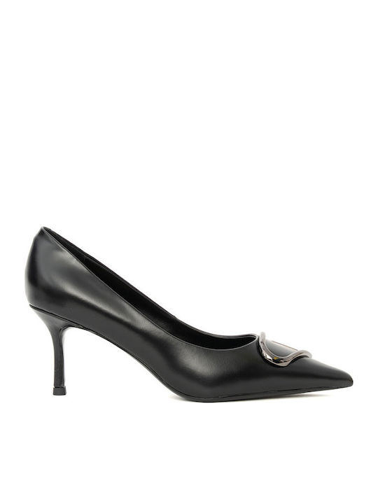 Leather Pointed Toe Black Medium Heels
