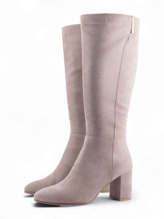 Medium Heel Women's Boots with Zipper Beige