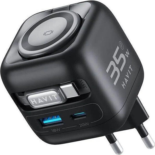 Havit Φορτιστής Χωρίς Καλώδιο GaN με Θύρα USB-A και Θύρα USB-C 35W Power Delivery Μαύρος (UC250)