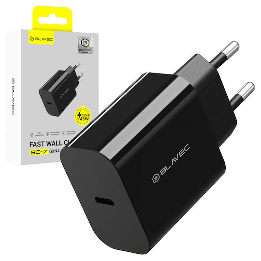 Blavec Charger Without Cable GaN with USB-C Port 45W Power Delivery / Quick Charge 3.0 / Quick Charge 4+ Blacks (BC-7)