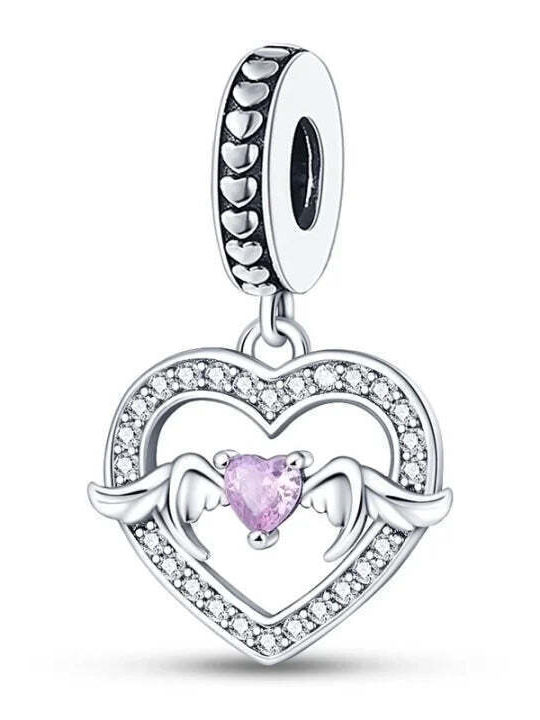 Silver Heart Charm with Pink Zircon