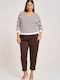 Women's Fabric Trousers with Elastic Carrot Fit Checked Brown