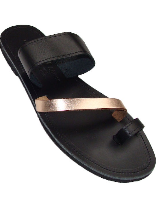 Leather Women's Flat Sandals in Black Color