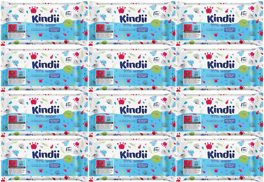Kindii Baby Wipes with 99% Water, without Alcohol & Parabens 12x60pcs