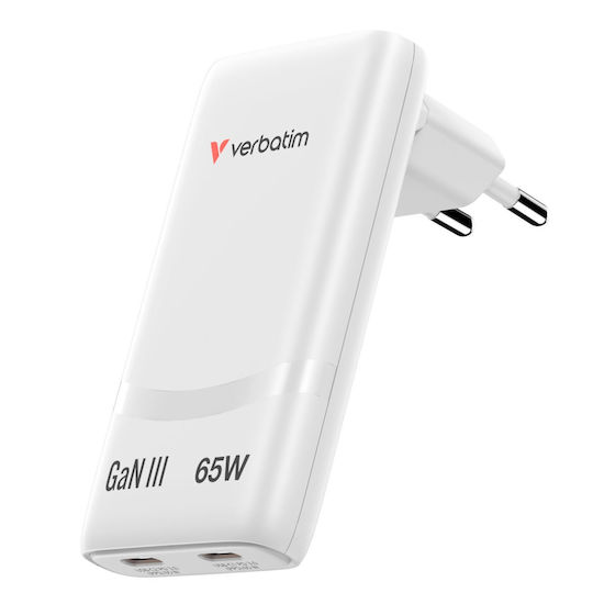 Verbatim GaN Wireless Charger with 2 USB-C Output Ports 65W Power Delivery White (Fold 'n' Go)