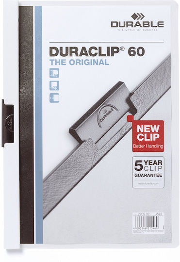 Durable Clip Folder Duraclip Original 60 Hard Plastic Up To 60 Sheets A4 Pack 5 White 223802