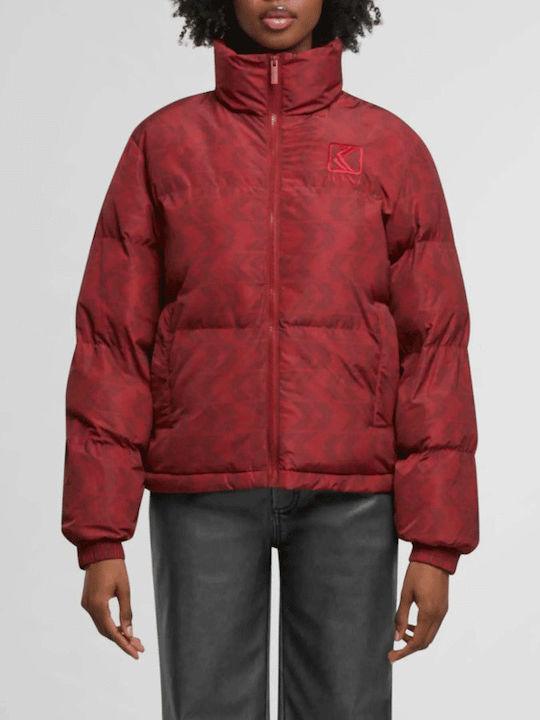 Κοντό Γυναικείο Puffer Μπουφάν για Χειμώνα Red