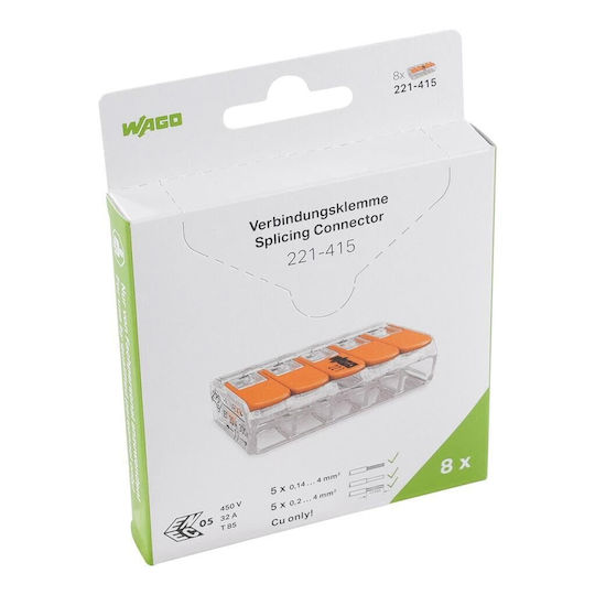 Wago Connection Terminals 221-415 5-pole Up To 4 Mm² Compact Cable Connector Lever All Conductor Types Worldwide Confirmed Application Safety 8 Pieces